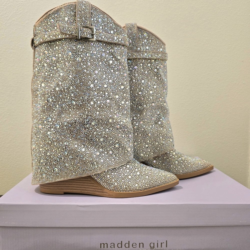 Madden Girl Joe Rhinestone Cuffed Wedge‎ Western Dress Booties Womens Size 7.5